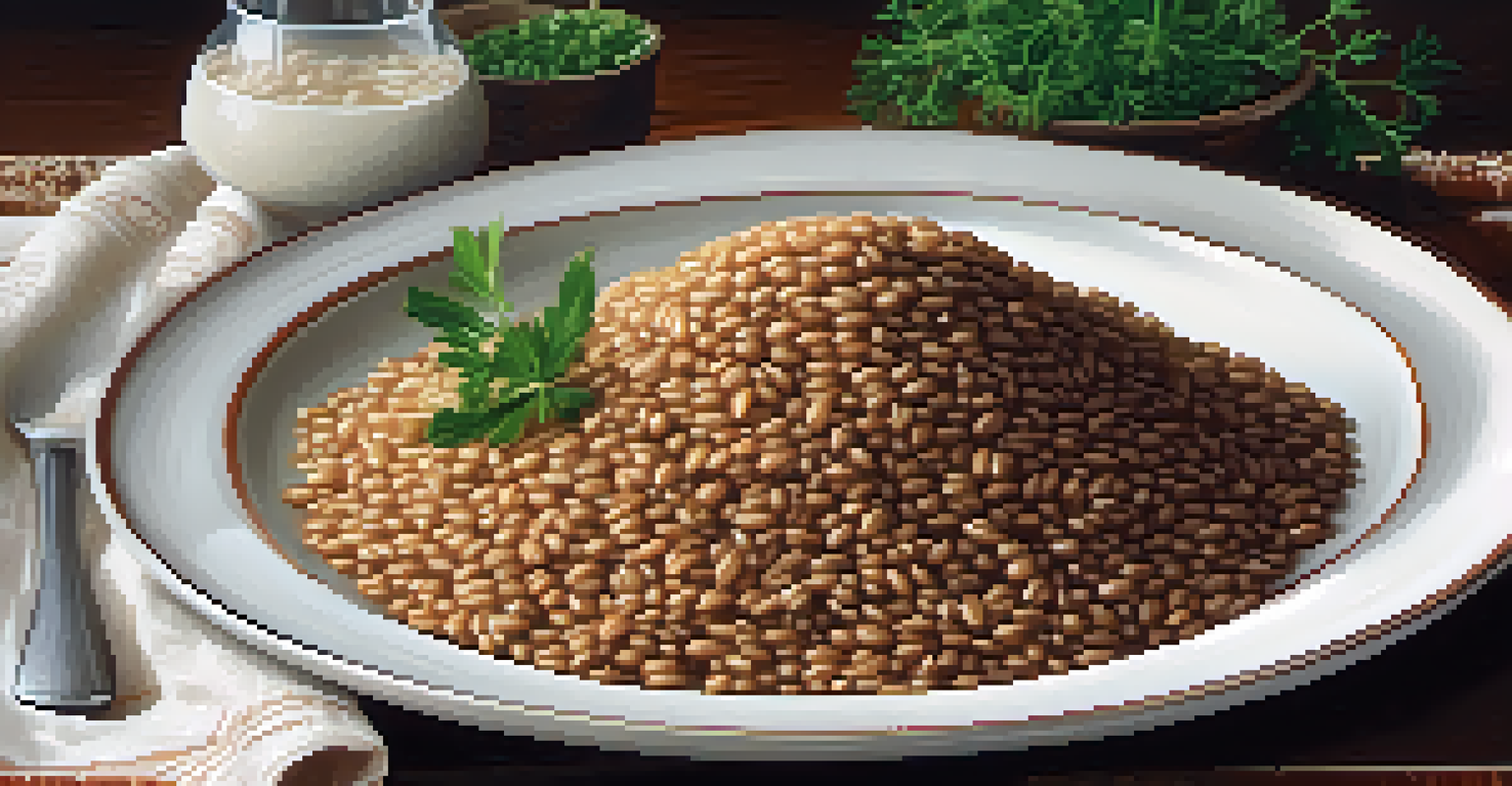 A plate of lentils and rice garnished with herbs and spices, set on a textured linen napkin with warm lighting.