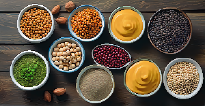 A beautifully arranged spread of colorful plant-based protein sources such as lentils, chickpeas, quinoa, nuts, and seeds on a wooden table, with fresh herbs and hummus in the background.
