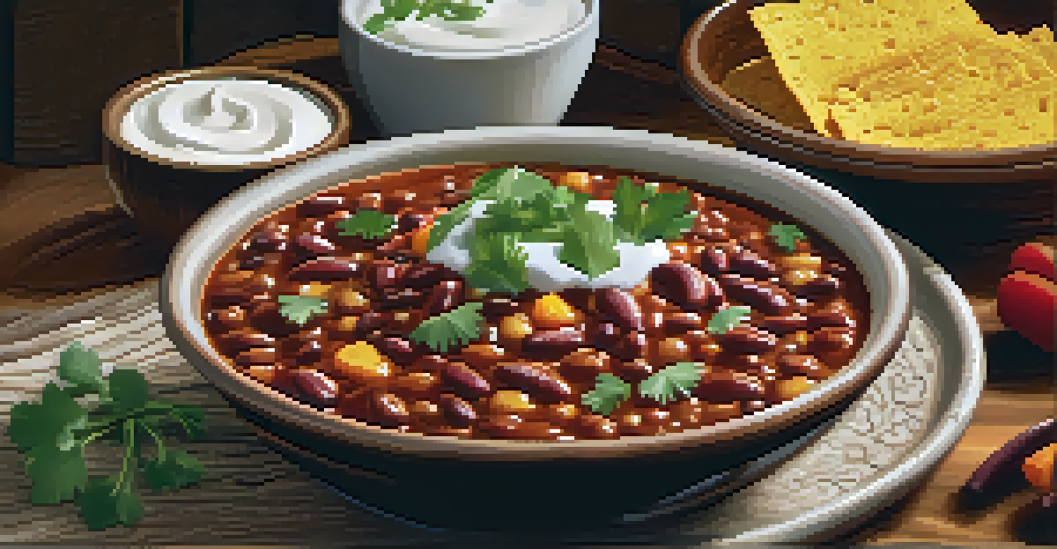 A rustic bowl of vegetarian chili topped with sour cream and cilantro, placed on a wooden table with warm lighting.