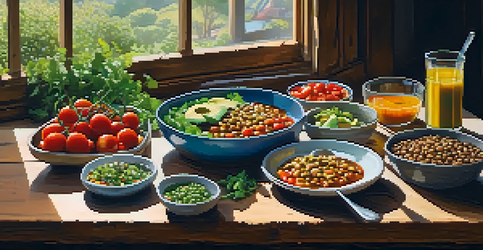 A beautifully arranged vegetarian meal featuring a fresh salad and a bowl of lentil soup on a wooden table, illuminated by natural light.