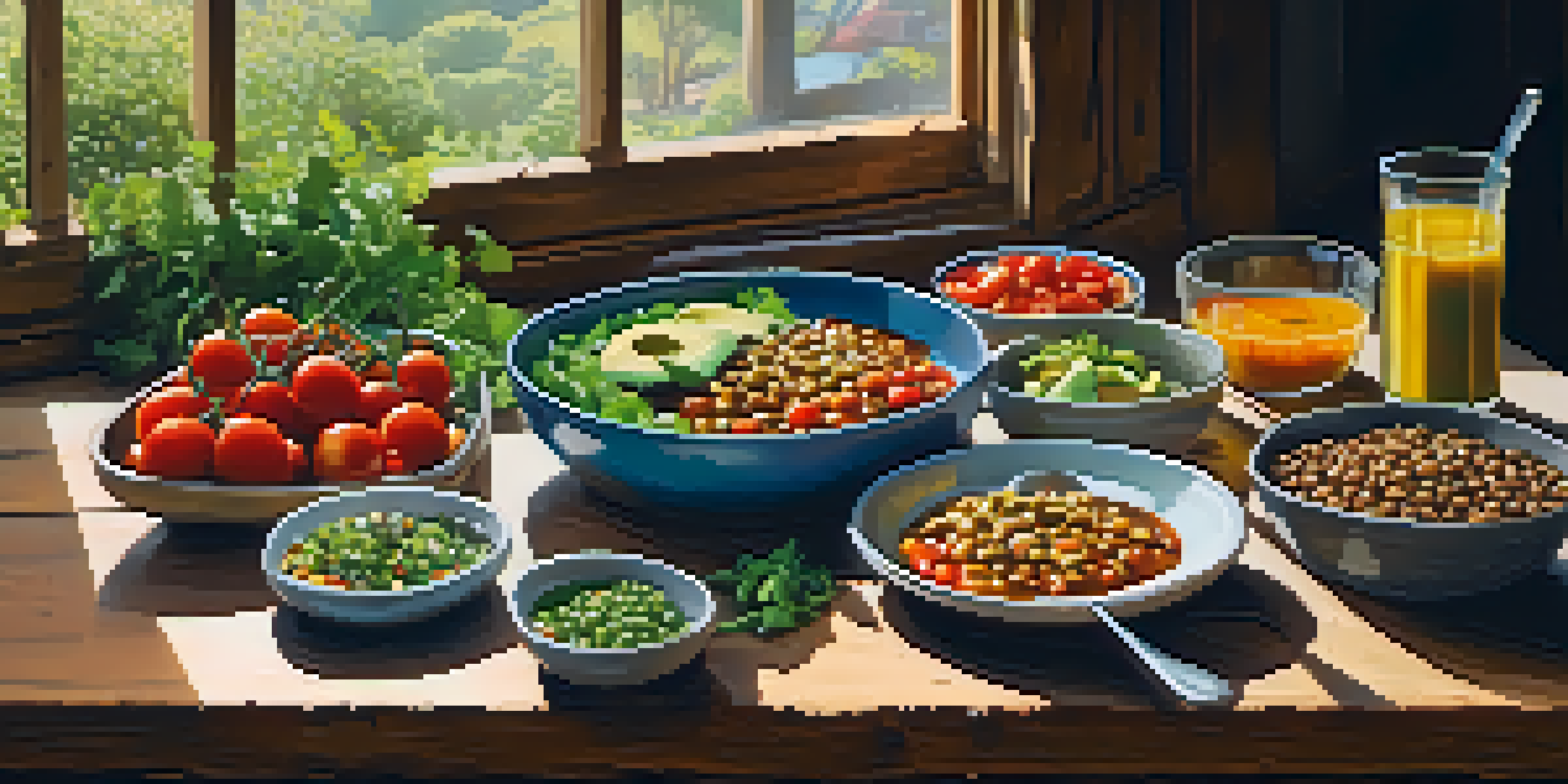 A beautifully arranged vegetarian meal featuring a fresh salad and a bowl of lentil soup on a wooden table, illuminated by natural light.
