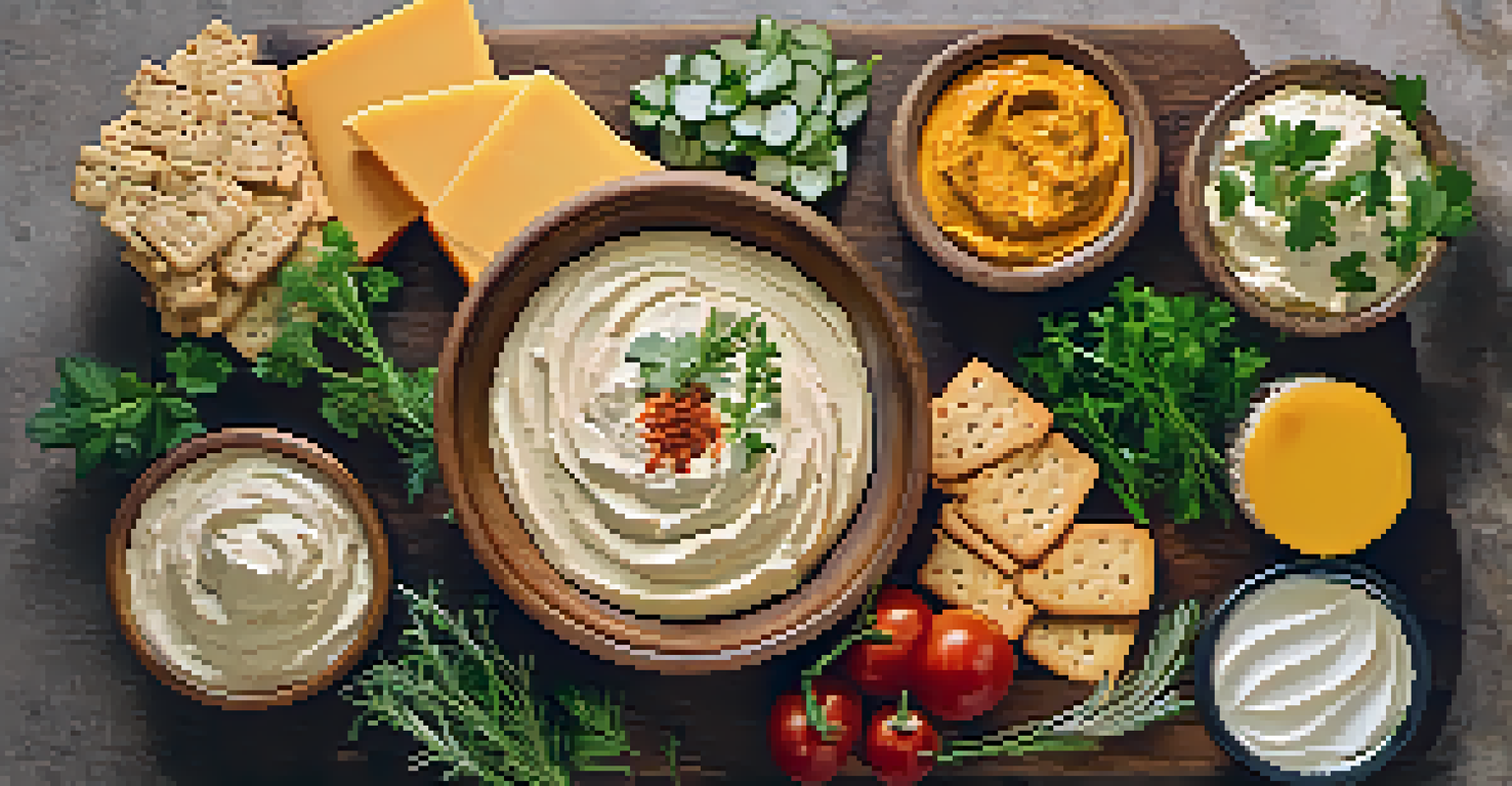 A bowl of colorful plant-based cheese spreads garnished with herbs, surrounded by crackers and sliced vegetables.