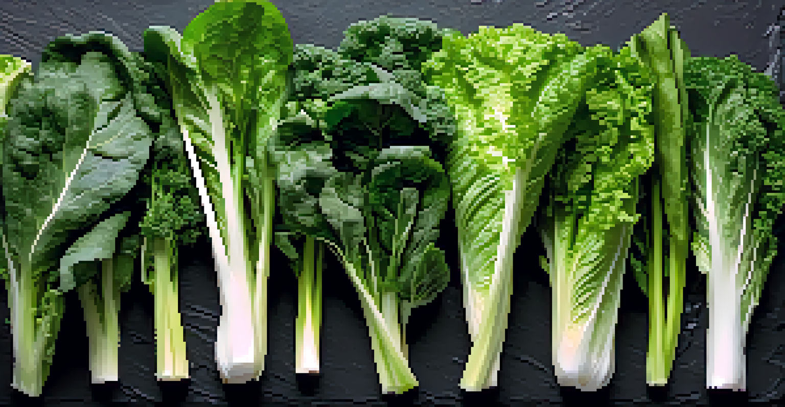 A colorful arrangement of fresh leafy greens in a rainbow pattern on a dark slate background.