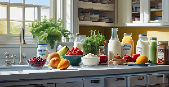 A bright kitchen filled with colorful plant-based dairy alternatives, fruits, and vegetables, illuminated by sunlight.