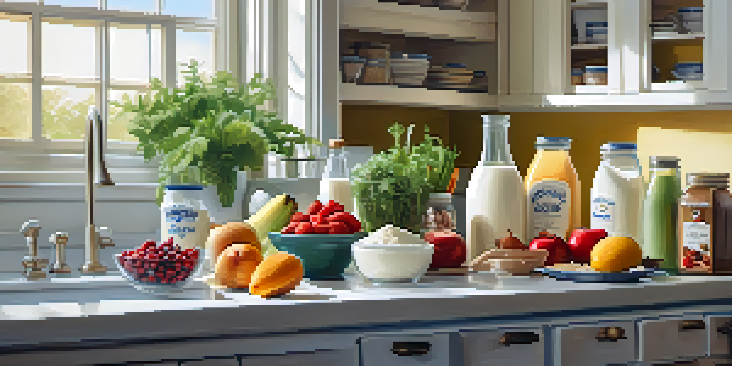 A bright kitchen filled with colorful plant-based dairy alternatives, fruits, and vegetables, illuminated by sunlight.