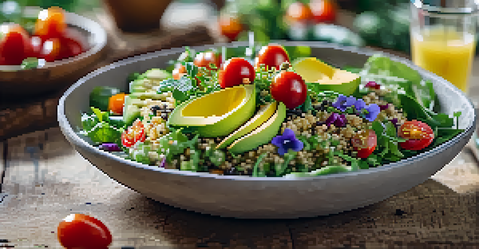 A quinoa salad with cherry tomatoes, avocados, and greens, elegantly plated on a rustic wooden table with a soft-focus background of greenery.