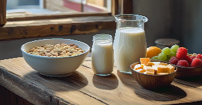 A colorful assortment of plant-based dairy products on a rustic wooden table, including almond milk, oat yogurt with fruits, and cashew cheese.