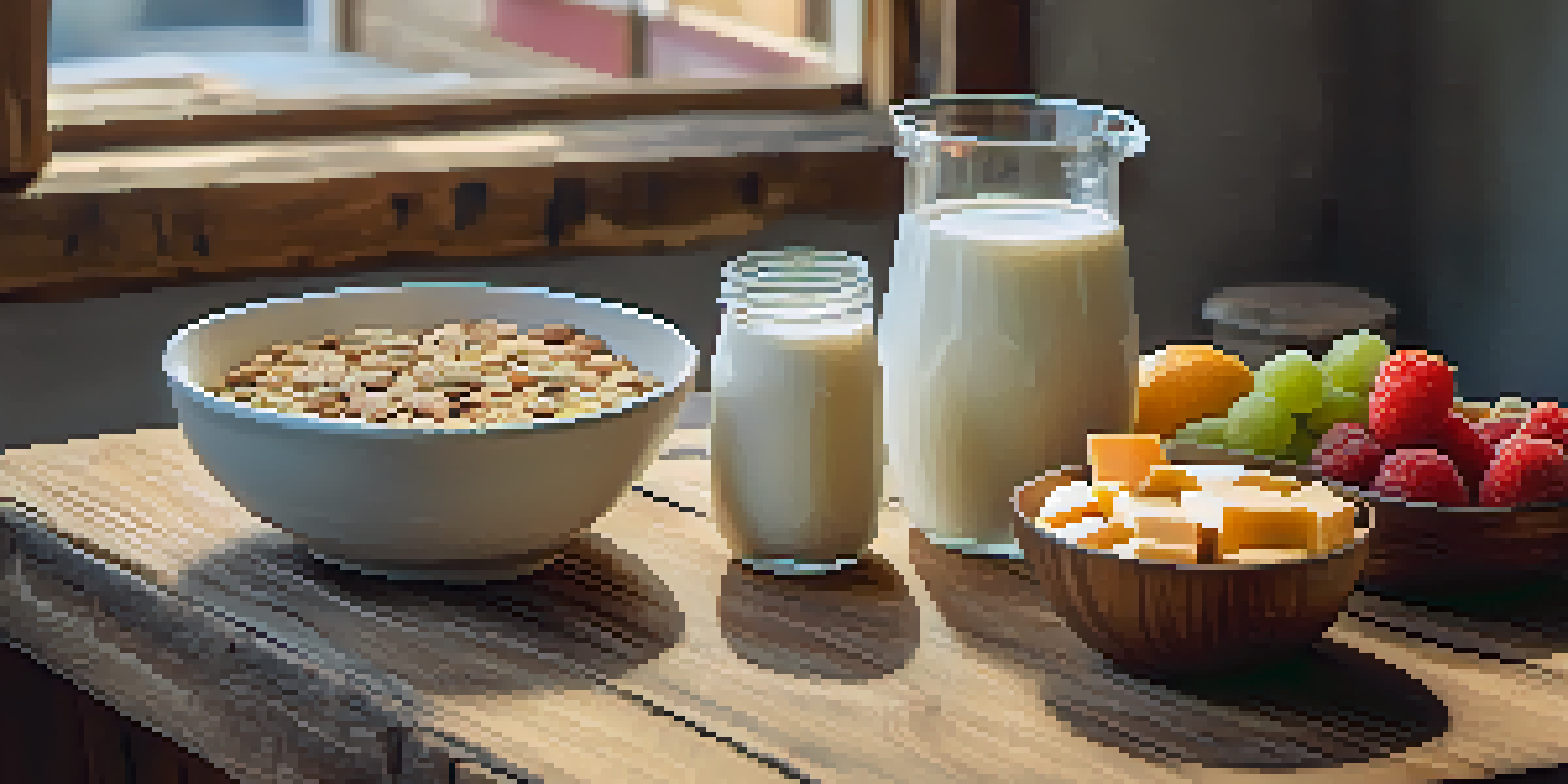 A colorful assortment of plant-based dairy products on a rustic wooden table, including almond milk, oat yogurt with fruits, and cashew cheese.