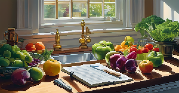 A colorful kitchen scene with fresh fruits and vegetables on a wooden countertop, illuminated by sunlight.