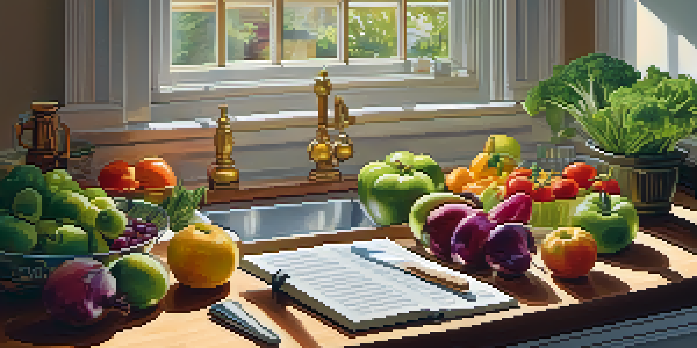 A colorful kitchen scene with fresh fruits and vegetables on a wooden countertop, illuminated by sunlight.