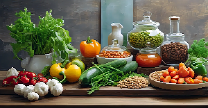 A flat lay of colorful vegetarian dishes arranged on a rustic wooden table, illuminated by natural light.