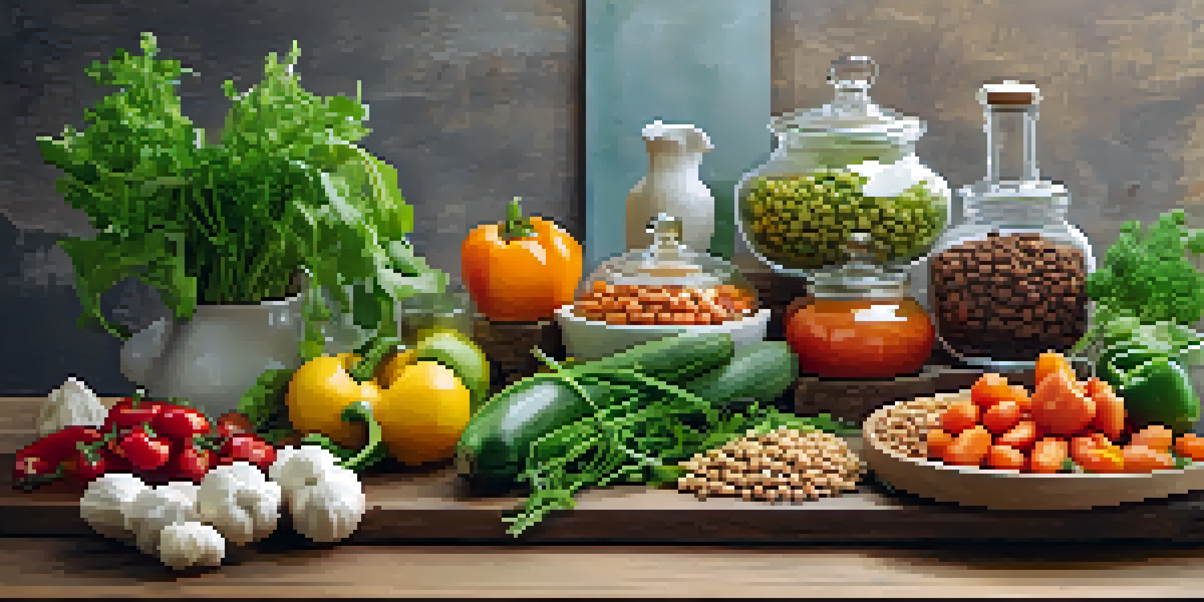 A flat lay of colorful vegetarian dishes arranged on a rustic wooden table, illuminated by natural light.