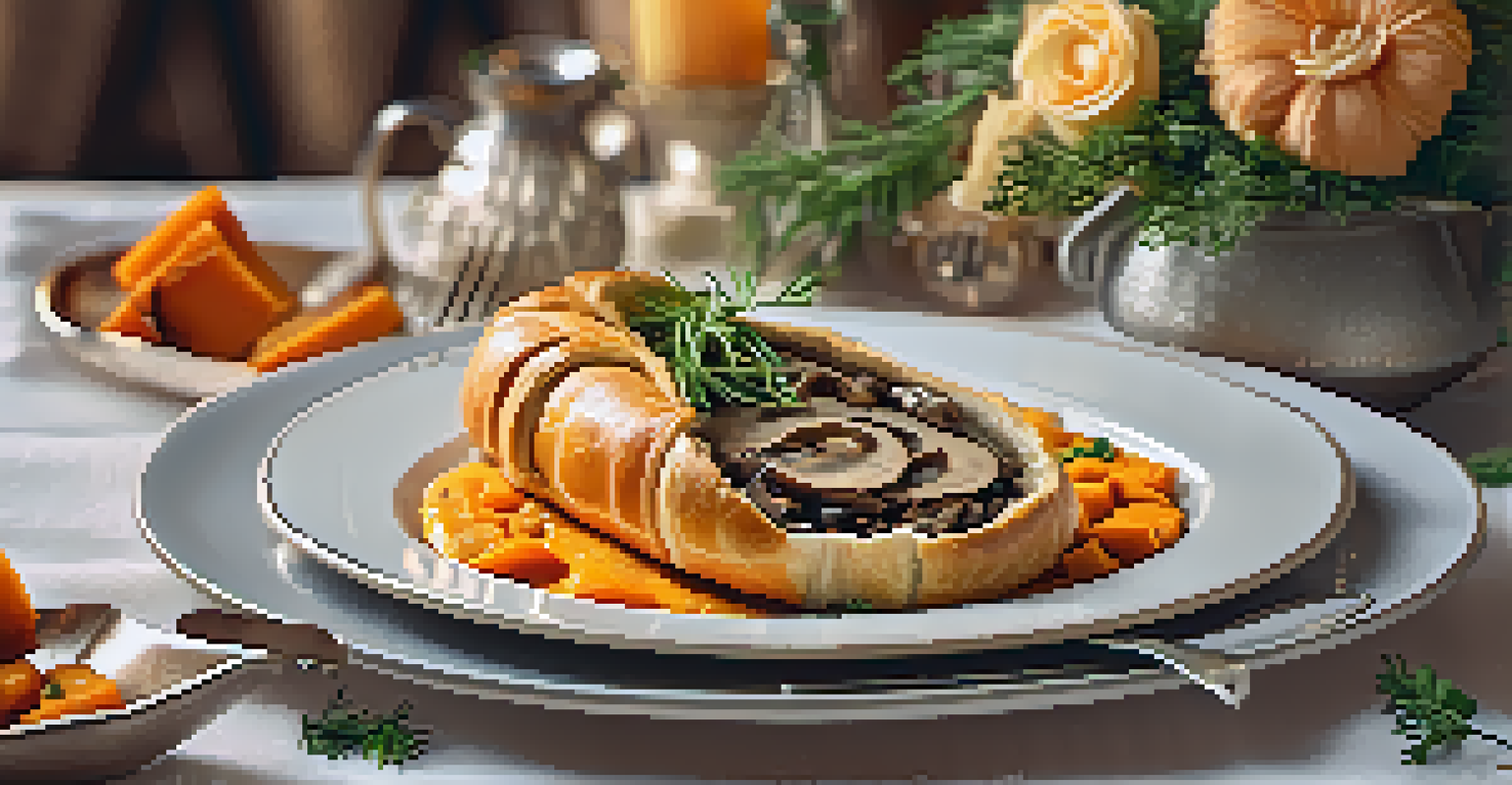 A beautifully plated mushroom Wellington and stuffed butternut squash on a cozy dining table, illuminated with warm lighting.
