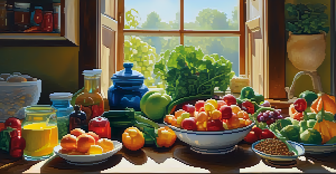 A bright kitchen with colorful fruits and vegetables on a wooden counter, sunlight streaming in.