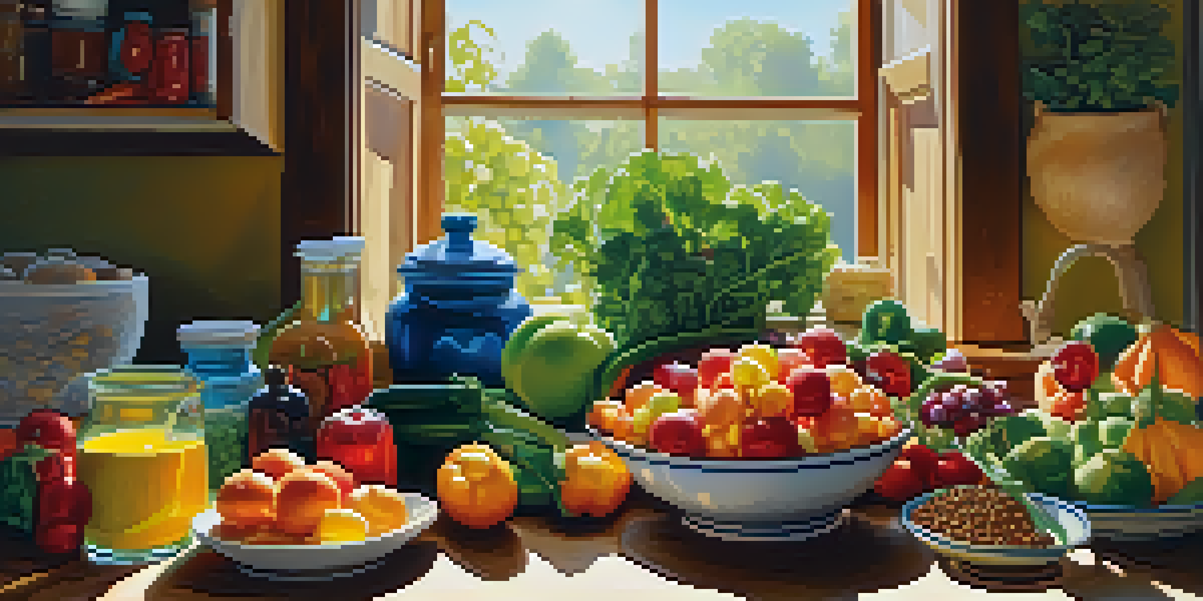 A bright kitchen with colorful fruits and vegetables on a wooden counter, sunlight streaming in.