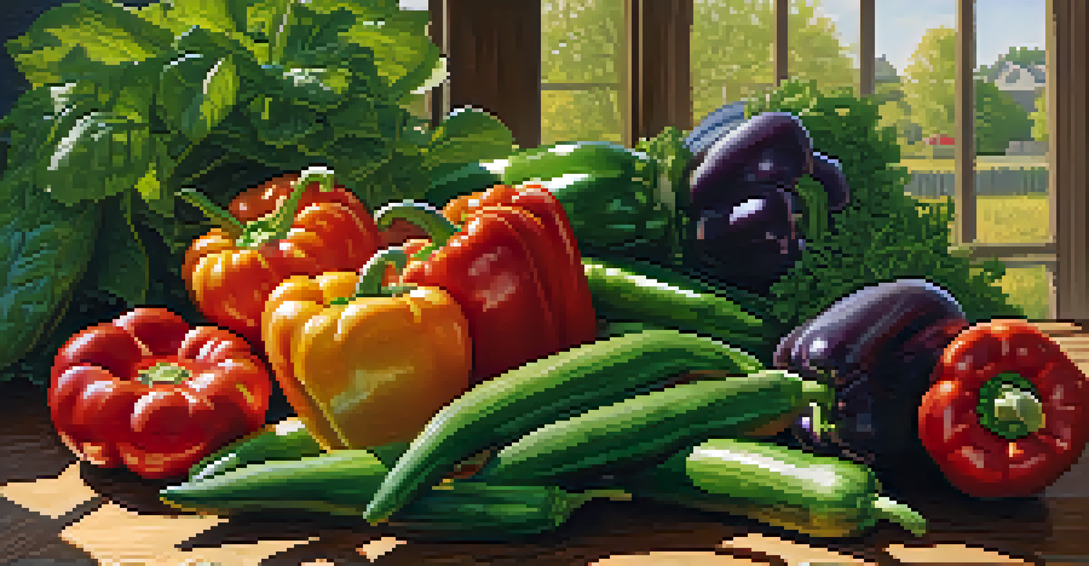 Close-up of freshly harvested vegetables on a wooden table, showcasing their vibrant colors and textures with a community garden in the background.
