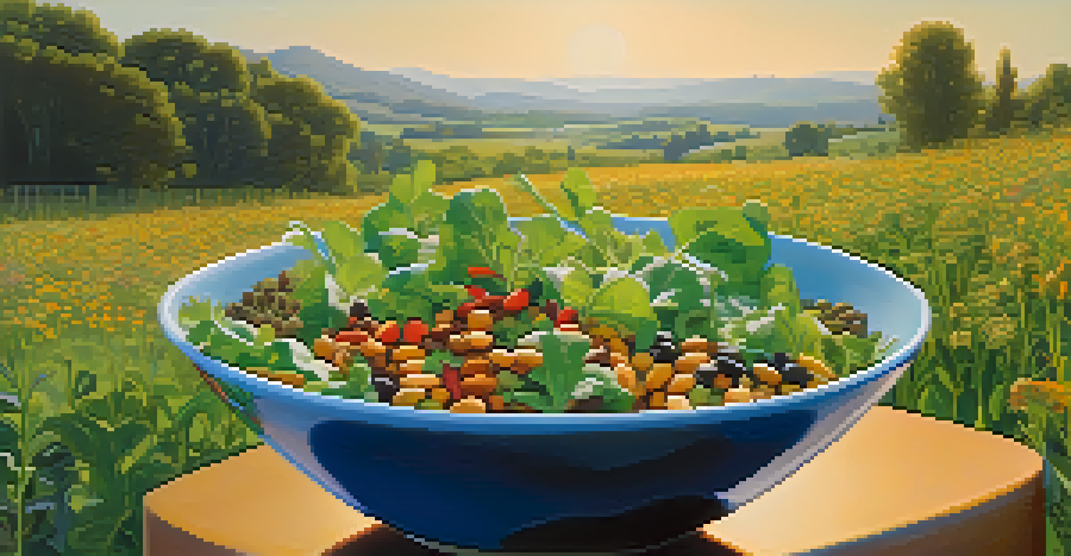A person holding a vibrant salad bowl filled with legumes and greens, set against a backdrop of a green field and blue sky.