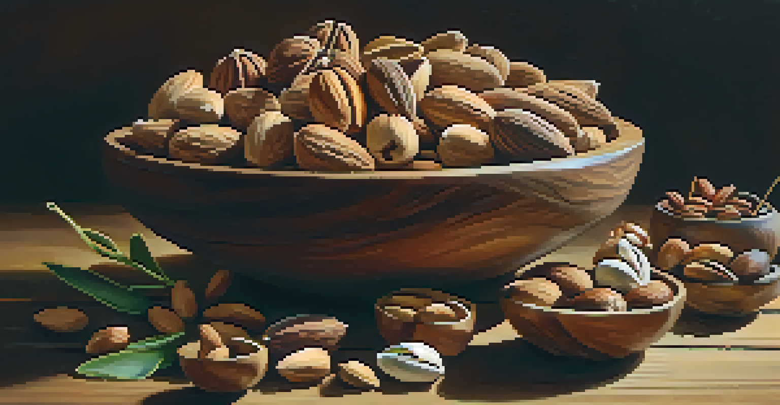 A rustic wooden bowl filled with a variety of nuts, including almonds, walnuts, and pistachios, arranged with a sprig of rosemary, under soft lighting.