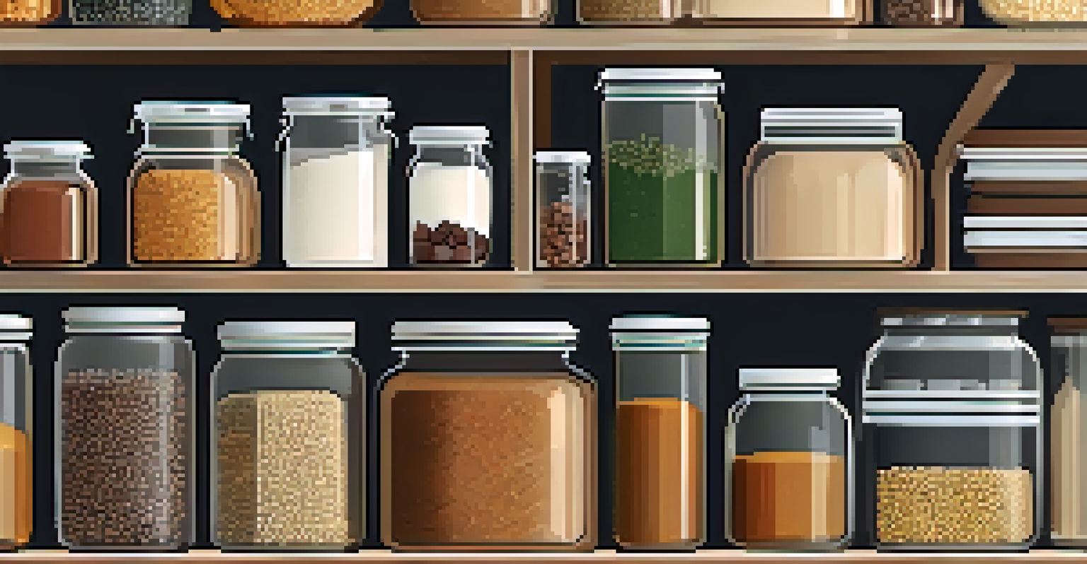 A well-stocked pantry showcasing staple vegetarian ingredients in clear jars under warm natural light.