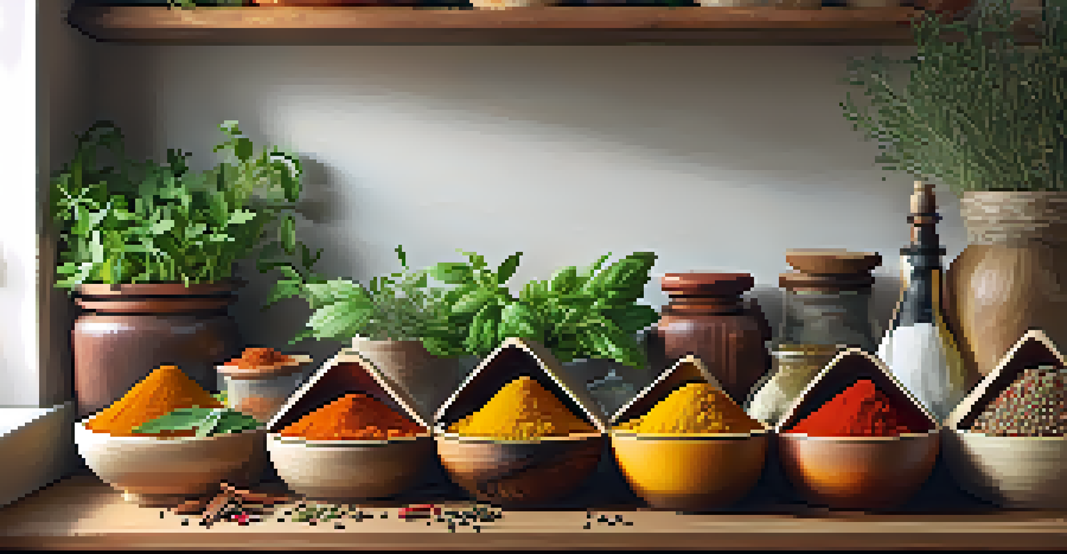 A wooden countertop with bowls of colorful spices and fresh herbs for vegetarian cooking.