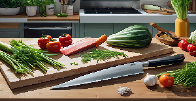 A kitchen countertop with essential knives and fresh vegetables, showcasing the tools for cooking.