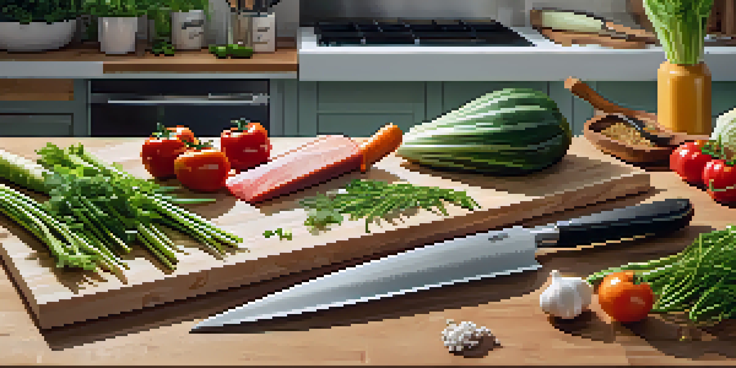 A kitchen countertop with essential knives and fresh vegetables, showcasing the tools for cooking.