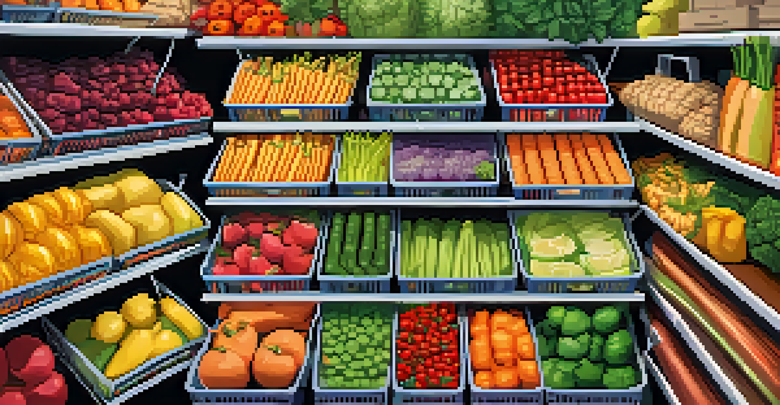 An overhead view of a grocery cart filled with fresh seasonal produce in a bright grocery store aisle.