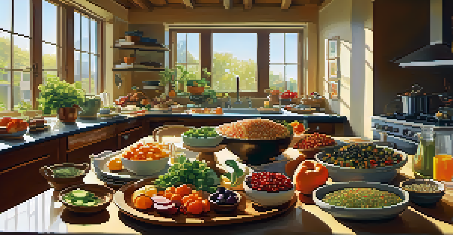 A cozy kitchen table adorned with colorful vegetarian dishes and an open cookbook, bathed in warm sunlight.