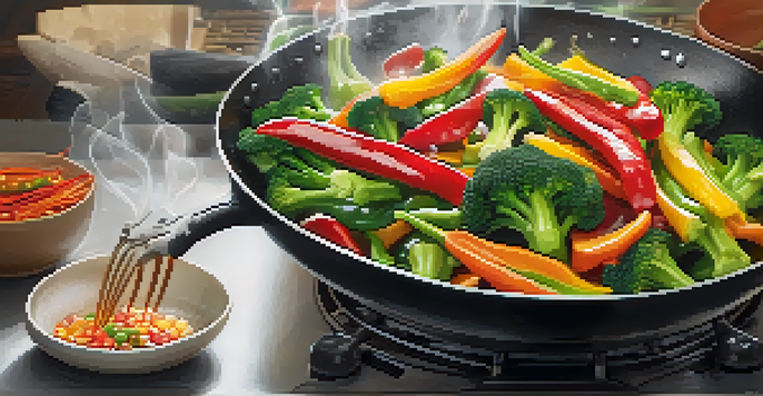 A colorful vegetarian stir-fry in a wok, with fresh vegetables and steam rising, creating an inviting cooking atmosphere.