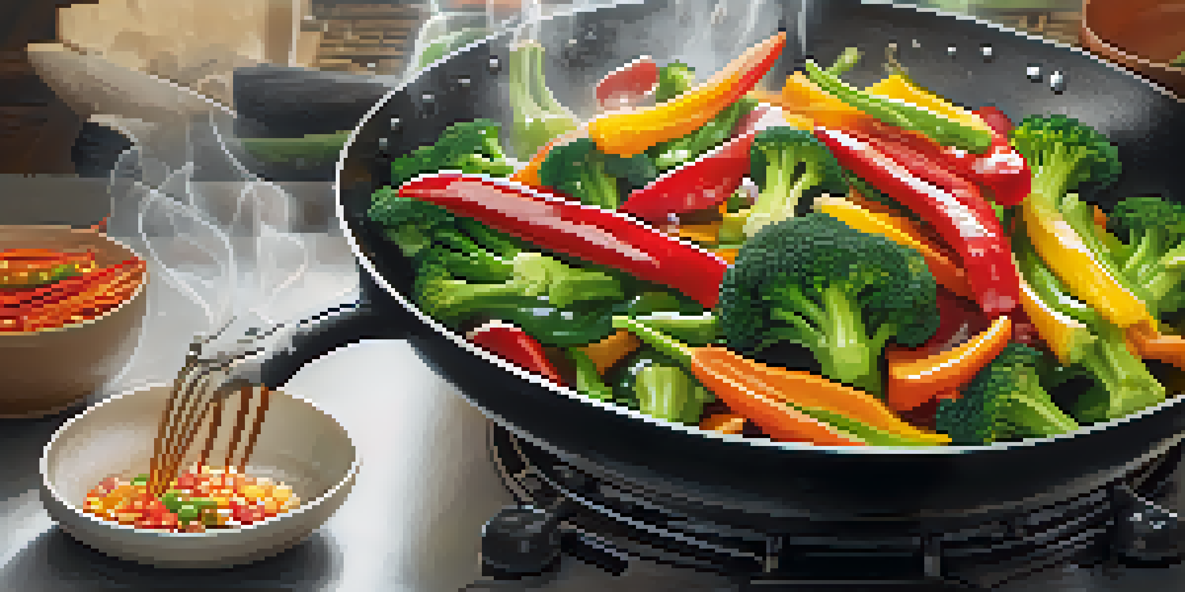 A colorful vegetarian stir-fry in a wok, with fresh vegetables and steam rising, creating an inviting cooking atmosphere.
