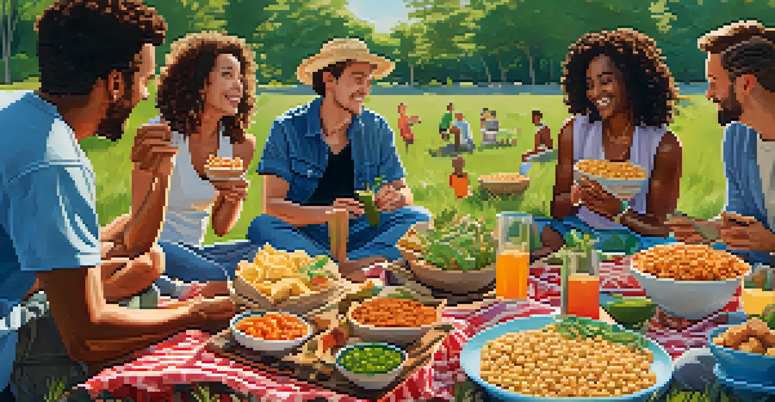 A group of friends enjoying a picnic with plant-based snacks on a sunny day, surrounded by greenery and laughter.