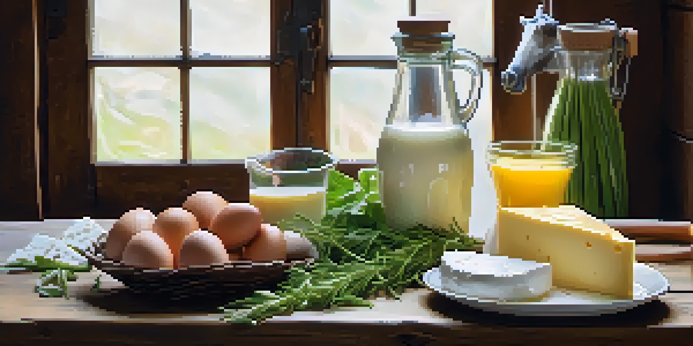 A variety of dairy products including milk, yogurt, and cheese on a wooden table, illuminated by natural sunlight, with herbs and eggs in the background.