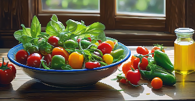 A colorful vegetarian salad on a wooden table, with natural light enhancing the freshness of the vegetables.
