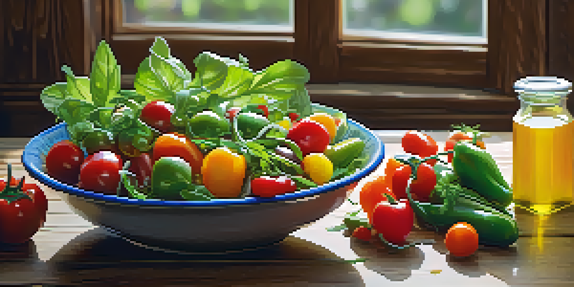 A colorful vegetarian salad on a wooden table, with natural light enhancing the freshness of the vegetables.