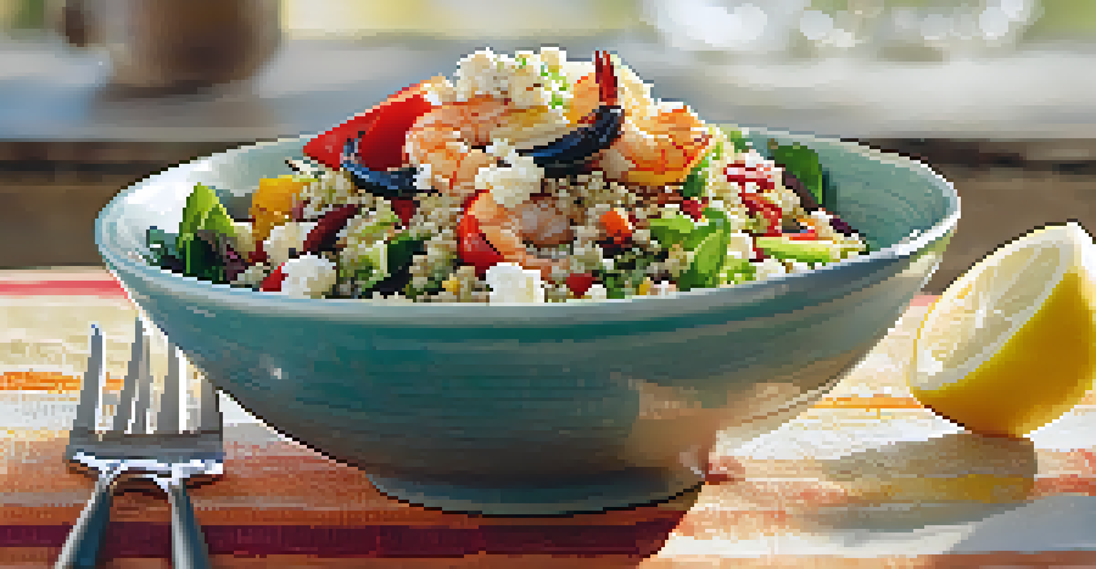 A colorful quinoa salad with grilled shrimp and roasted vegetables, garnished with feta cheese and lemon vinaigrette, in a rustic bowl.
