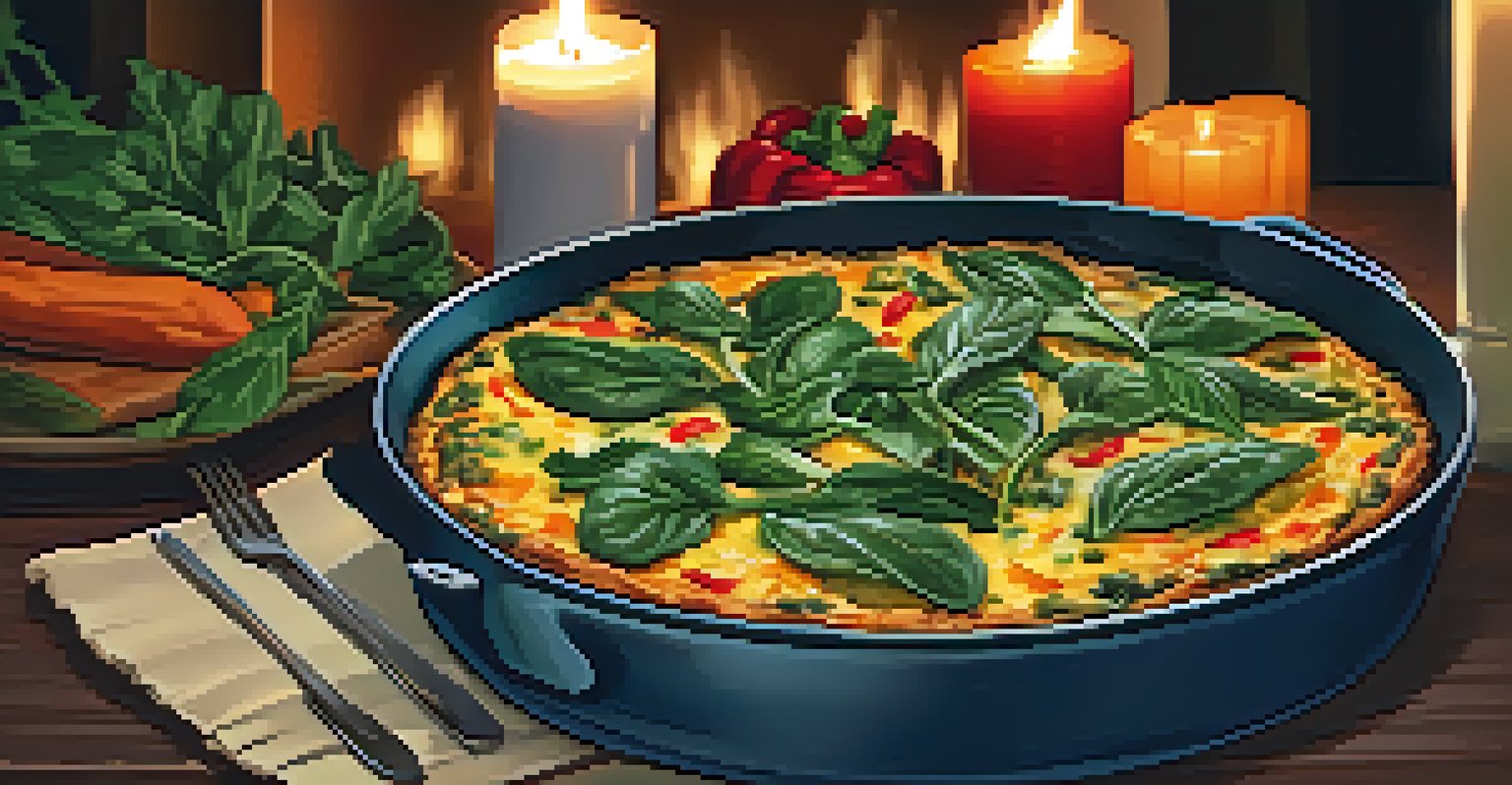 A dinner plate with vegetable frittata and roasted sweet potatoes, set in a cozy atmosphere with warm candlelight.