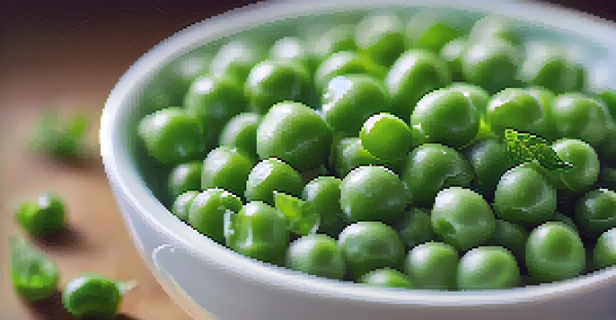 A close-up view of fresh green peas in a white bowl with a mint garnish, illuminated by natural sunlight.