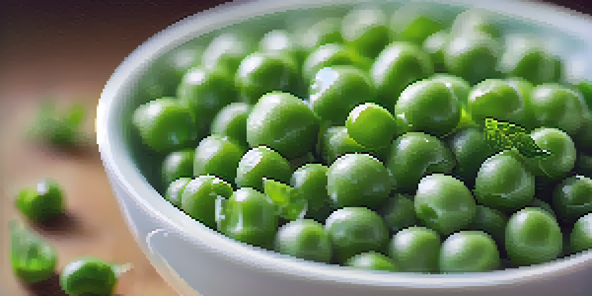 A close-up view of fresh green peas in a white bowl with a mint garnish, illuminated by natural sunlight.