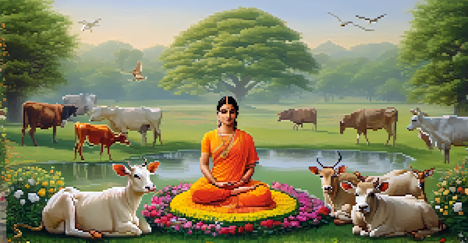 A peaceful landscape showing a cow and other gentle animals in a meadow, symbolizing the principle of non-violence and compassion.