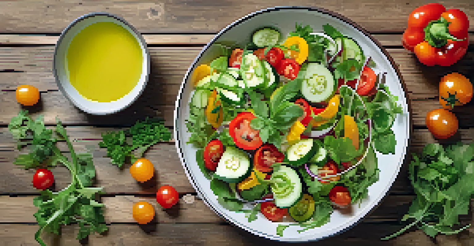 An overhead view of a colorful raw vegetarian salad with greens, cherry tomatoes, cucumbers, and bell peppers in a rustic bowl on a wooden table.