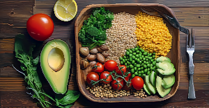 A flat lay of a colorful vegetarian meal showcasing fresh vegetables, grains, and legumes on a rustic wooden table.