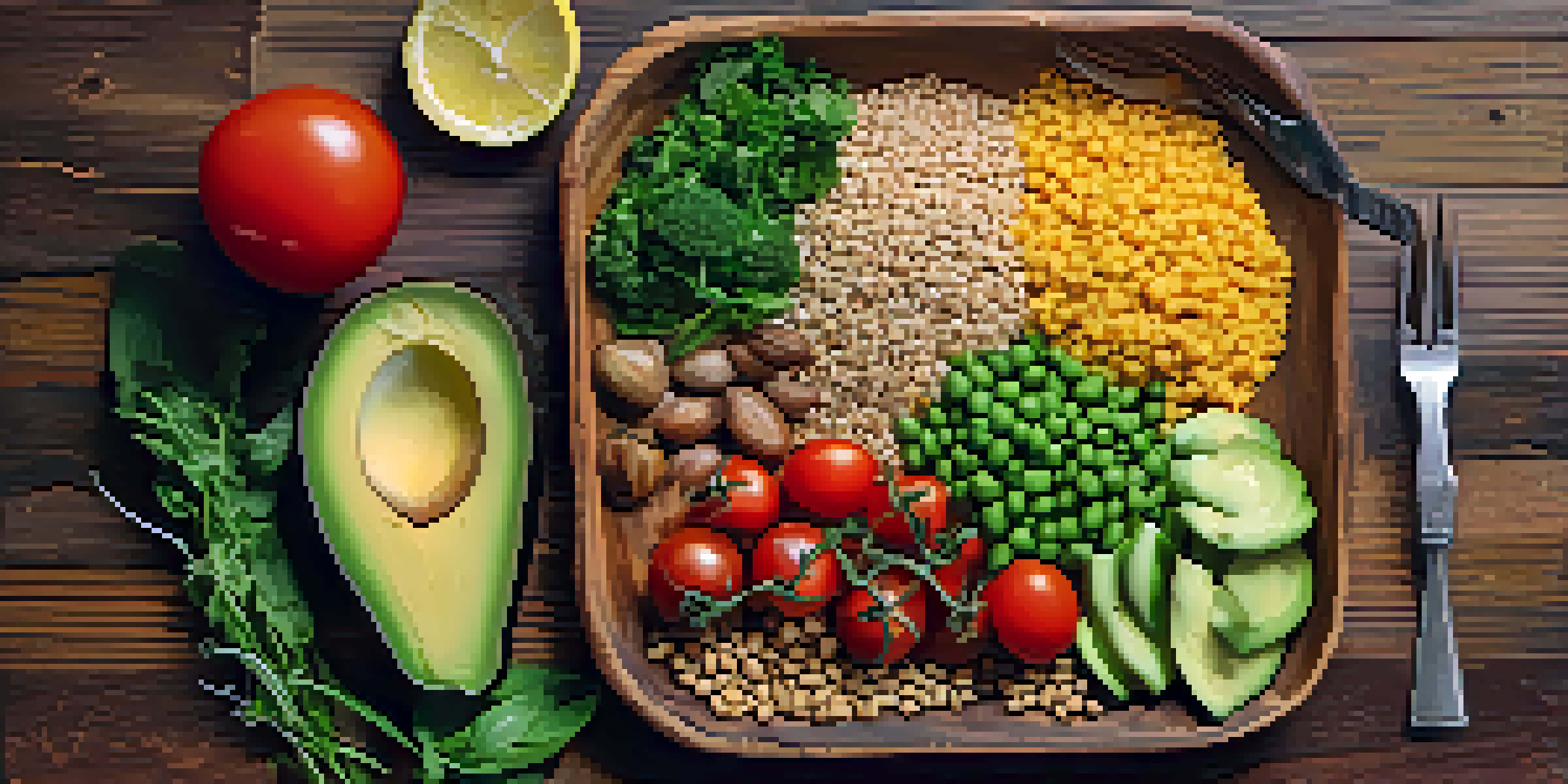 A flat lay of a colorful vegetarian meal showcasing fresh vegetables, grains, and legumes on a rustic wooden table.