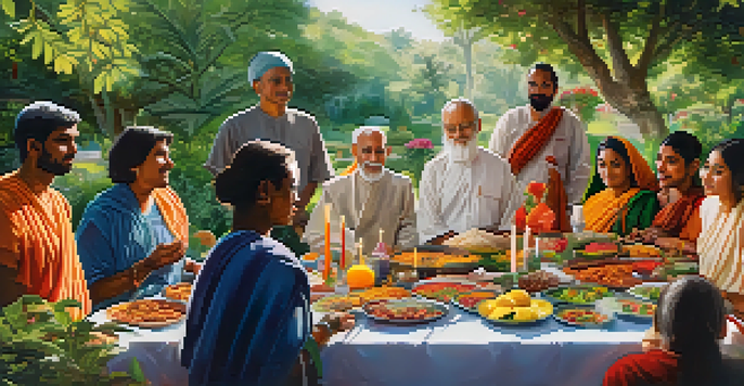 A diverse group of people from different religions sharing a meal of vegetarian dishes in a beautiful garden, promoting harmony and compassion.