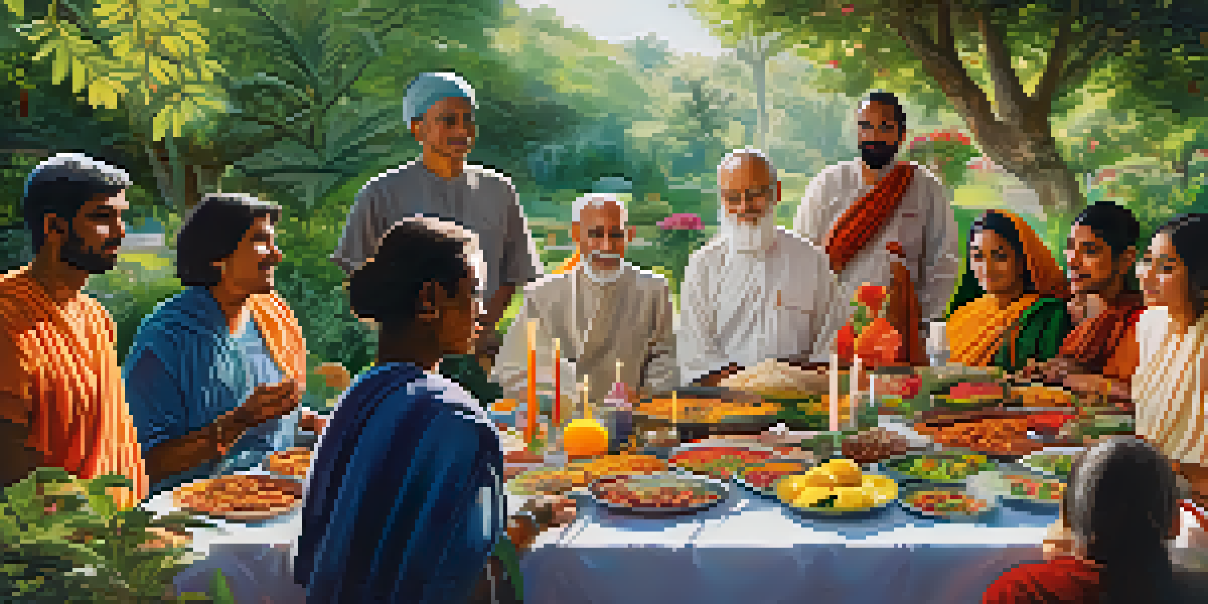 A diverse group of people from different religions sharing a meal of vegetarian dishes in a beautiful garden, promoting harmony and compassion.