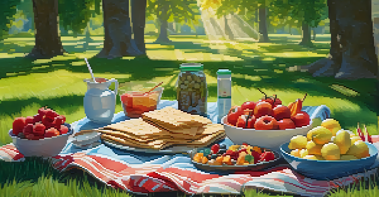 An outdoor picnic in a park with a blanket covered in healthy snacks like wraps and fruit skewers, surrounded by greenery.