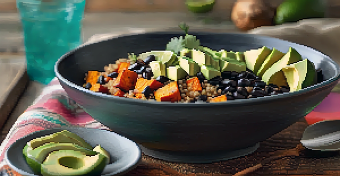 A colorful grain bowl with quinoa, roasted sweet potatoes, black beans, and avocado, garnished with lime juice, on a wooden table.