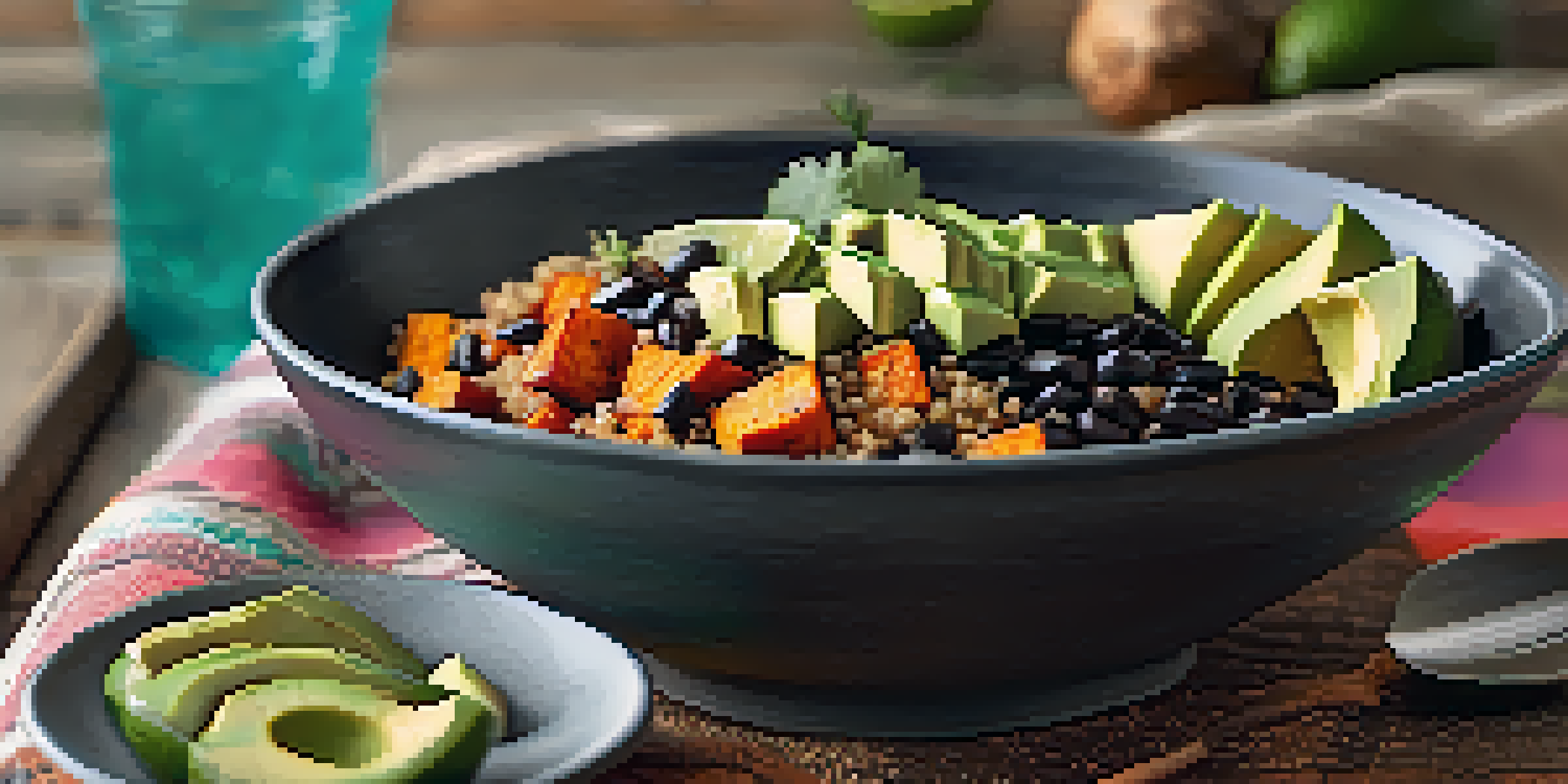A colorful grain bowl with quinoa, roasted sweet potatoes, black beans, and avocado, garnished with lime juice, on a wooden table.