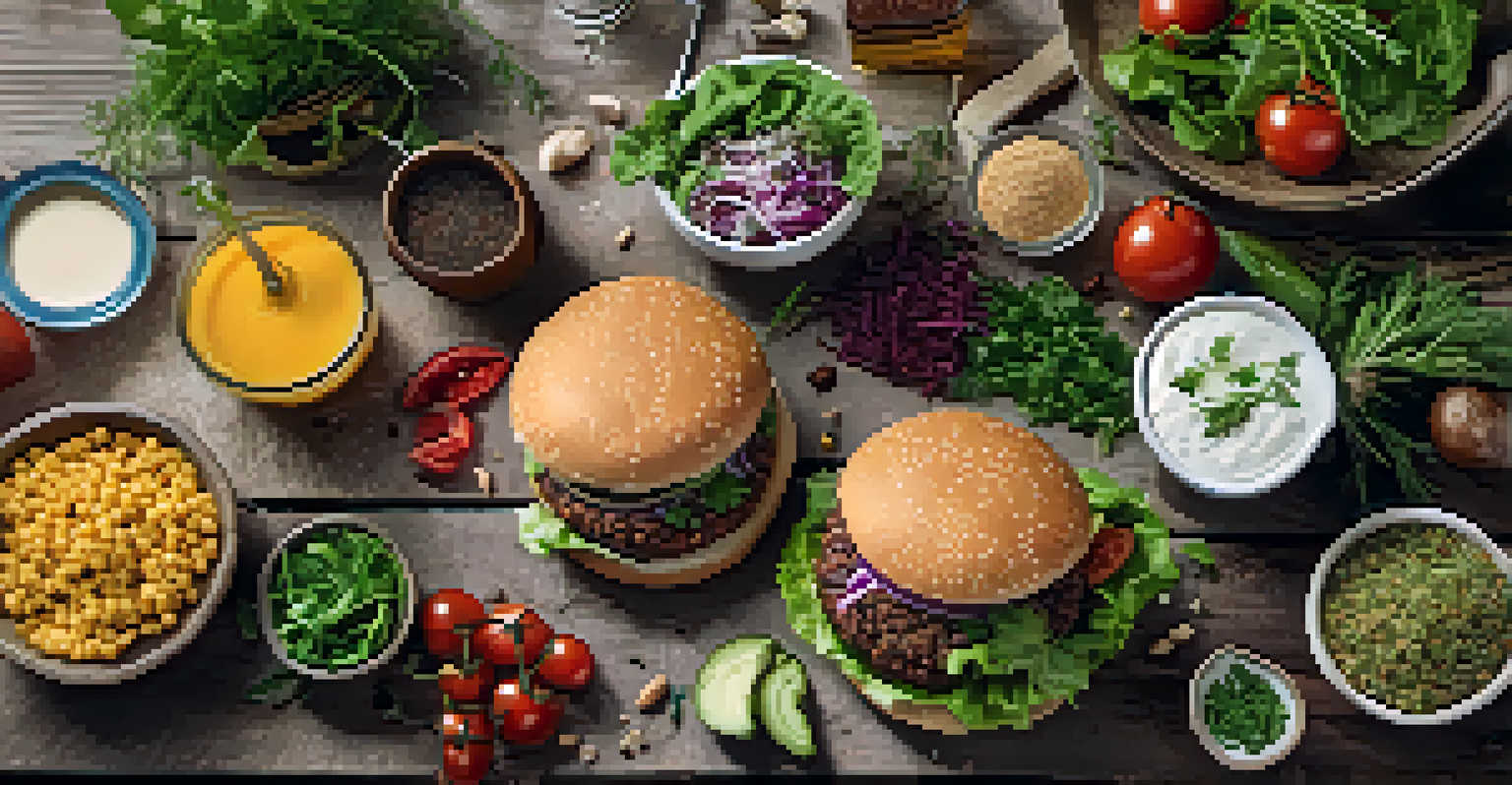 A flat lay of plant-based alternatives including burgers and dairy-free cheeses, arranged artistically on a rustic wooden table.