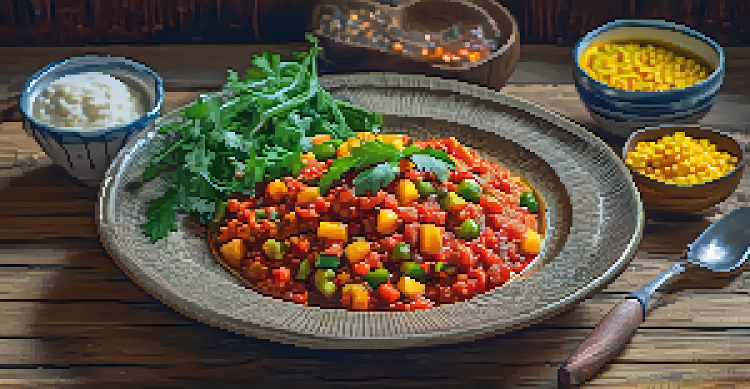 A close-up view of chakalaka, a spicy vegetable relish, served with ugali on a rustic wooden table, garnished with fresh herbs.