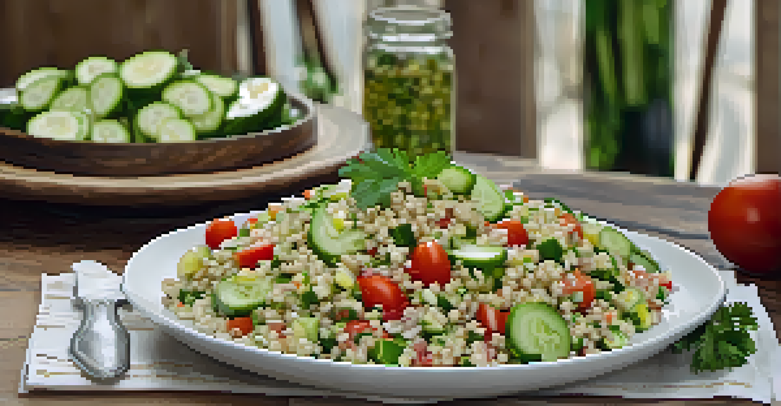 Close-up of a barley salad with cucumbers, tomatoes, and lemon vinaigrette on a white plate, garnished with parsley.